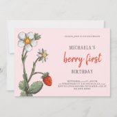 Invitation Fleurs de fraises roses Berry Premier anniversaire (Devant)