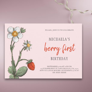 Invitation Fleurs de fraises roses Berry Premier anniversaire