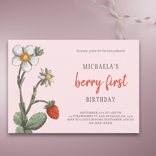 Invitation Fleurs de fraises roses Berry Premier anniversaire
