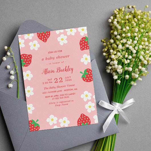 Invitation Fleurs de fraises sucrées - Baby shower