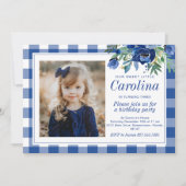 Invitation Fleurs de gingham aquarelle bleu marine prépa (Devant)