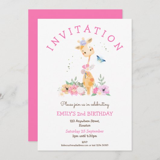 Invitation Fleurs de Giraffe Cute Filles 2e fête d'anniversai (Devant / Derrière)