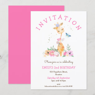 Invitation Fleurs de Giraffe Cute Filles 2e fête d'anniversai