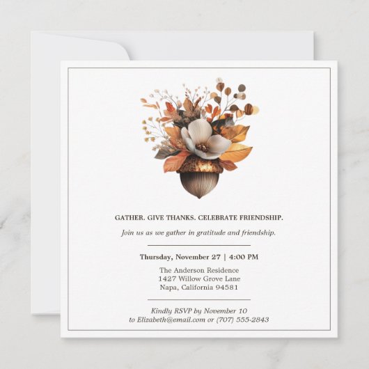 Invitation Fleurs de Gland Rustique | Dîner de Thanksgiving (Devant)