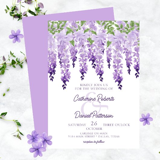 Invitation Fleurs de glycine aquarelle Élégant Mariage Script