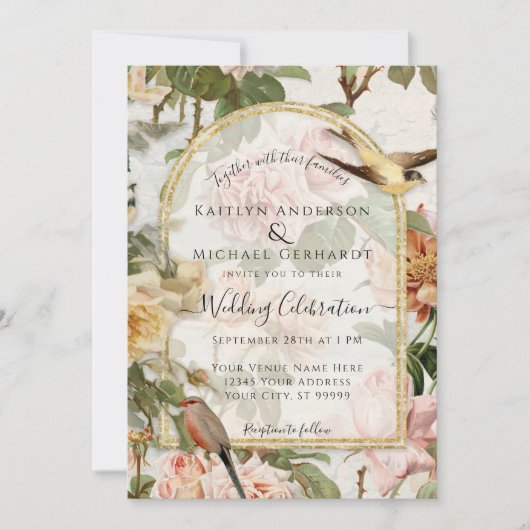 Invitation Fleurs de gouache botanique n Oiseaux Mariage doré (Devant)