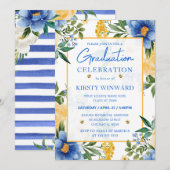 Invitation Fleurs de graduation aquarelle bleu et jaune (Devant / Derrière)