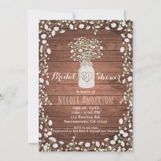 Invitation Fleurs de Gypsophile & Bois Élégant Rustique (Devant)