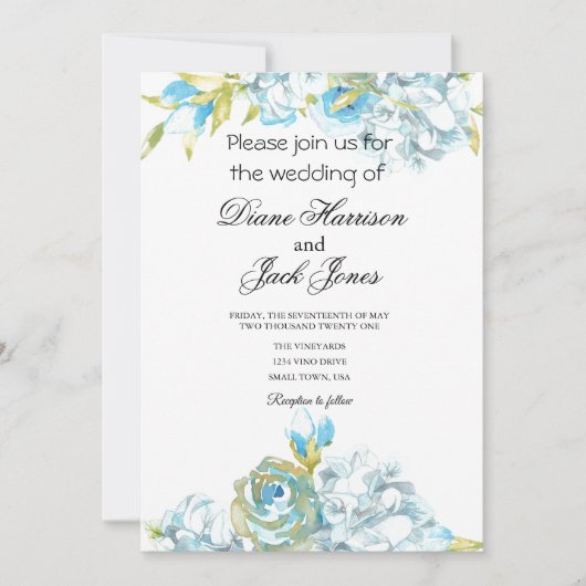 Invitation Fleurs de jardin bleues Mariage (Devant)