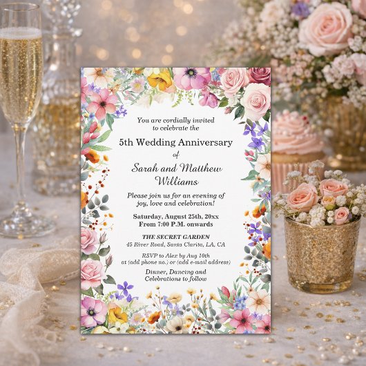 Invitation Fleurs de jardin chic 5e anniversaire de mariage