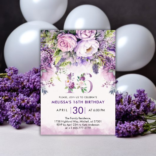 Invitation Fleurs de Jardin violet et rose 16e anniversaire