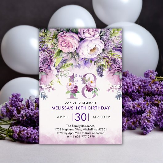Invitation Fleurs de Jardin violet et rose 18e anniversaire