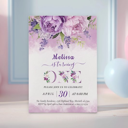 Invitation Fleurs de Jardin violet et rose Fille 1er annivers