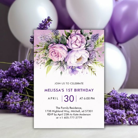 Invitation Fleurs de Jardin violet et rose Fille 1er annivers