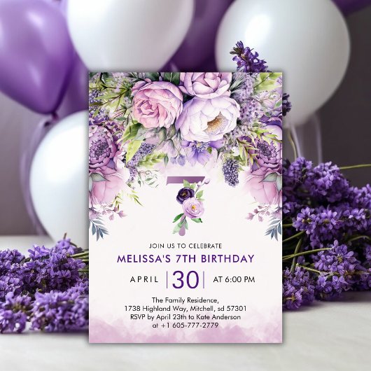 Invitation Fleurs de Jardin Violet et Rose Fille 7e anniversa