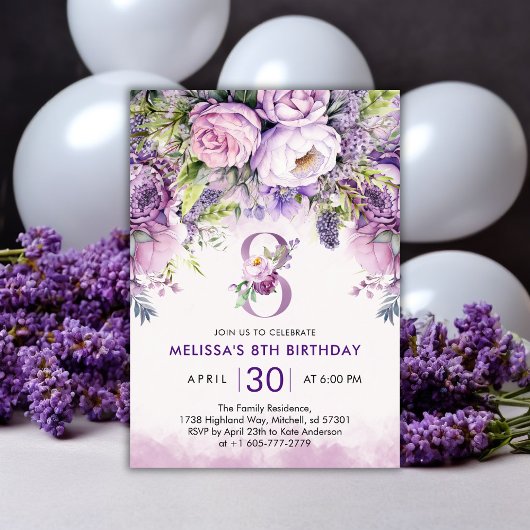 Invitation Fleurs de Jardin violet et rose Fille 8e anniversa