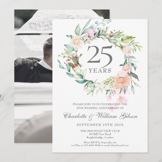 Invitation Fleurs de la guirlande de photo de mariage du 25e  (Devant / Derrière)