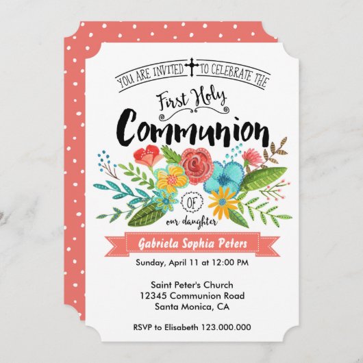 Invitation Fleurs de la première sainte communion | Invitatio (Devant / Derrière)