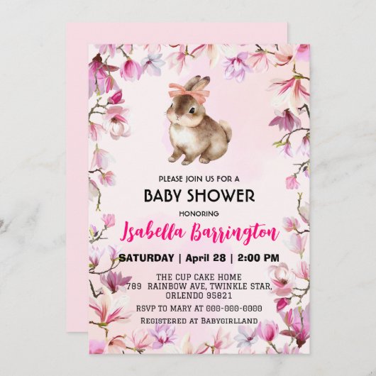 Invitation Fleurs de lapin rose mignonne baby shower filles (Devant / Derrière)