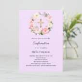 Invitation Fleurs de lavande croix Confirmation (Debout devant)