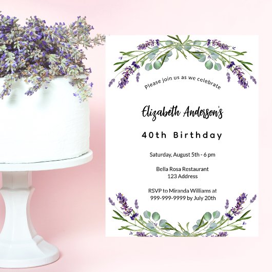 Invitation Fleurs de lavande d'anniversaire eucalyptus luxe