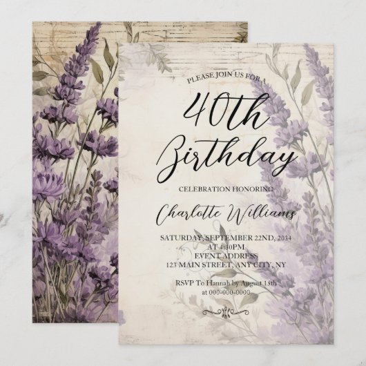 Invitation Fleurs de lavande femmes 40e anniversaire (Devant / Derrière)