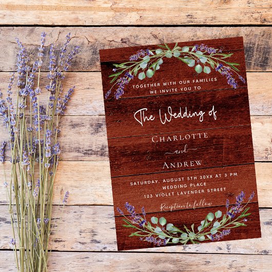 Invitation Fleurs de lavande mariage bois brun rustique