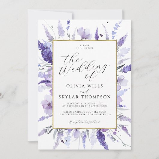 Invitation Fleurs de lavande Mariage Floral Frame Or Lilac (Devant)