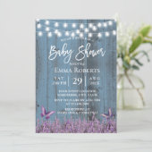 Invitation Fleurs de lavande Papillon Dusty Baby shower bleu (Debout devant)