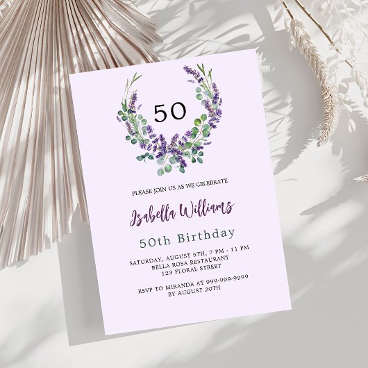 Invitation Fleurs de lavande verdure lilas luxe anniversaire