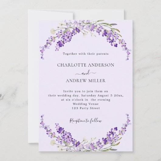Invitation Fleurs de lavande violet soirée mariage (Devant)