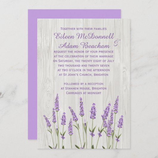 Invitation Fleurs de lavande violette sur Mariage de bois (Devant / Derrière)