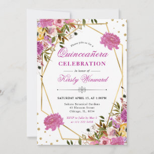 Invitation Fleurs de l'été roses et jaunes pour Quinceanera