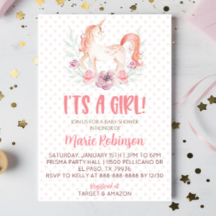 Invitation Fleurs de licorne rose C'est un Baby shower de fil