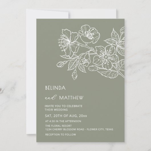 Invitation Fleurs de ligne blanche Mariage casual vert sauge (Devant)