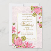 Invitation Fleurs de lotus rose bordure dorée élégant (Devant)