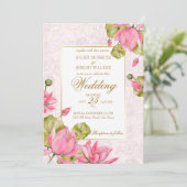 Invitation Fleurs de lotus rose bordure dorée élégant (Debout devant)