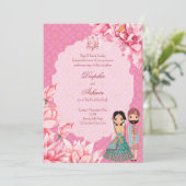 Invitation Fleurs de lotus roses avec mignon couple de mariés (Debout devant)