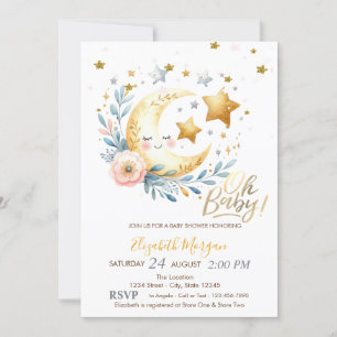 Invitation Fleurs de Lune Étoiles Baby Shower