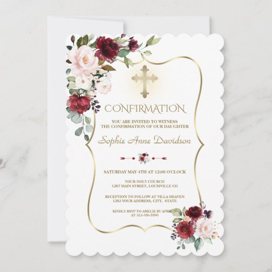Invitation Fleurs de Luxe Blush Bourgogne Fille Confirmation (Devant)