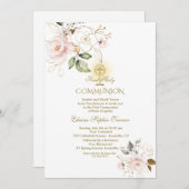 Invitation Fleurs de luxe en or Blush Première Communion sain (Devant / Derrière)