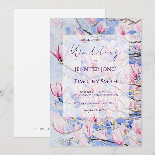 Invitation fleurs de magnolia rose aquarelle (Devant / Derrière)