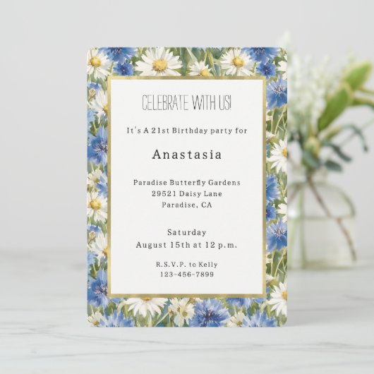 Invitation Fleurs de marguerite bleues blanches Anniversaire (Debout devant)