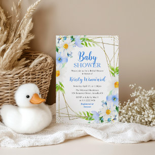 Invitation Fleurs de marguerite et bleues Cadre doré Baby Sho