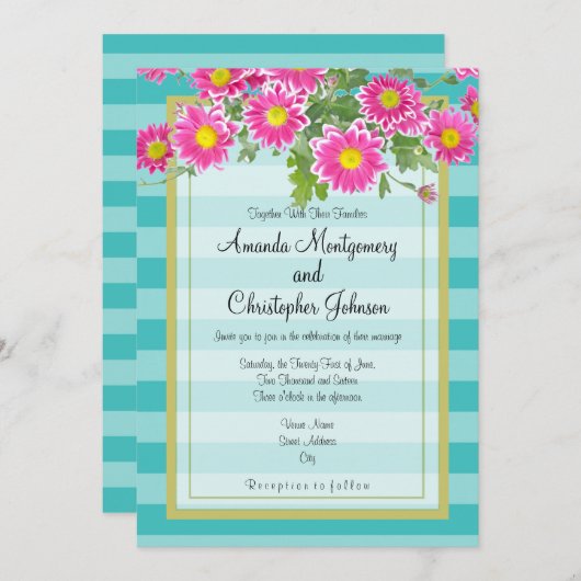 Invitation Fleurs de marguerite rose sur Mariage de rayures t (Devant / Derrière)