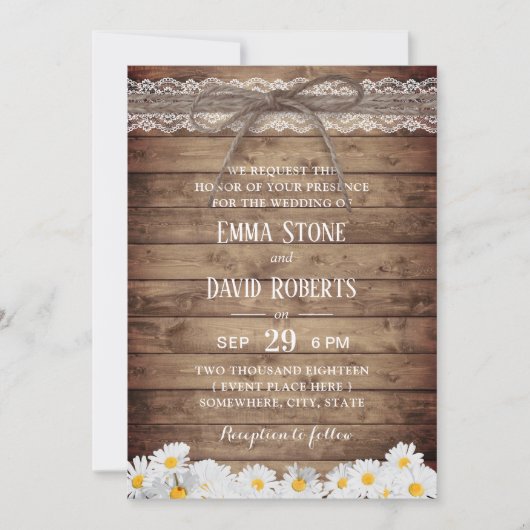 Invitation Fleurs de marguerite rustique Mariage dentelle & T (Devant)