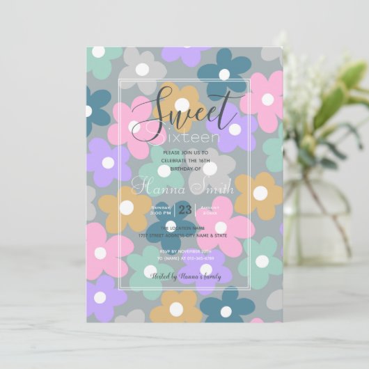 Invitation Fleurs de marguerite super Gris Retro Boho Floral (Debout devant)