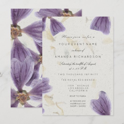Invitation Fleurs de mariage 16ème Iris Violet Cottage (Devant / Derrière)