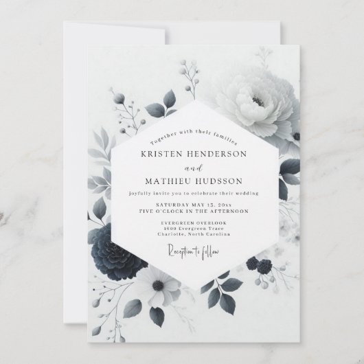 Invitation Fleurs de mariage à l'aquarelle au charbon de bois (Devant)
