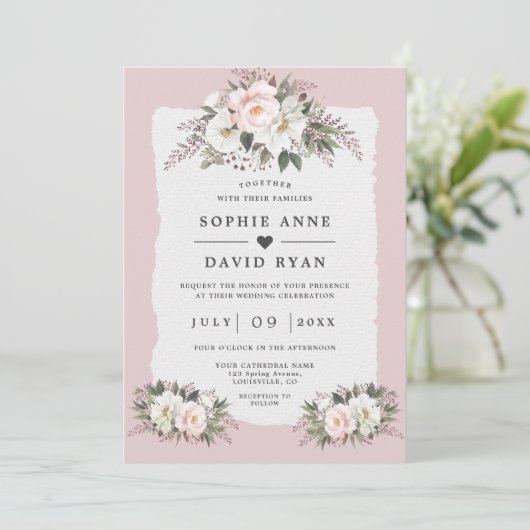 Invitation Fleurs de mariage à l'aquarelle blanc rosé (Debout devant)